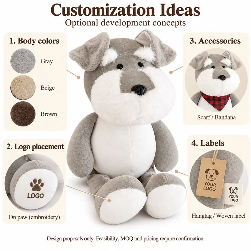 Customization concept for gray schnauzer dog plush; feasibility and sample approval required.