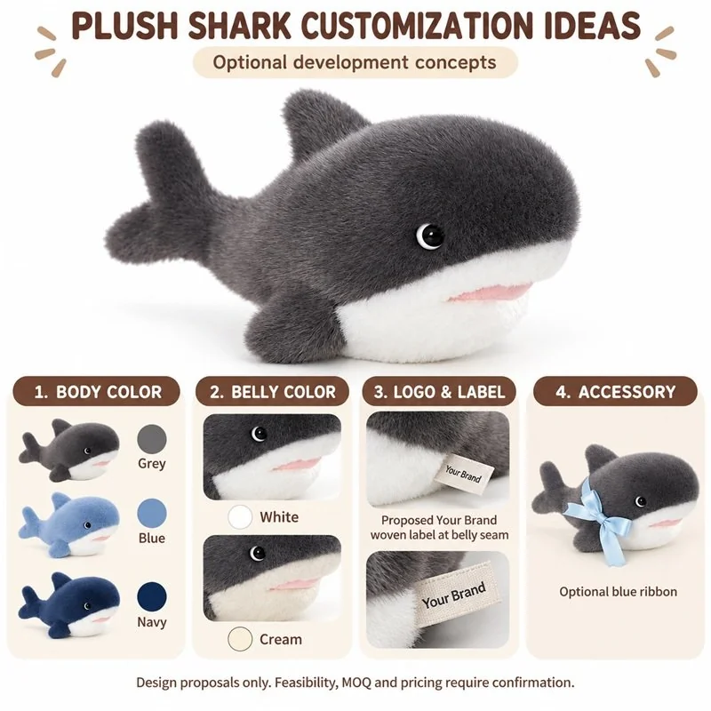 Private-label concept for smiling stubby gray shark plush, showing proposed brand label and hangtag options; sample approval required.