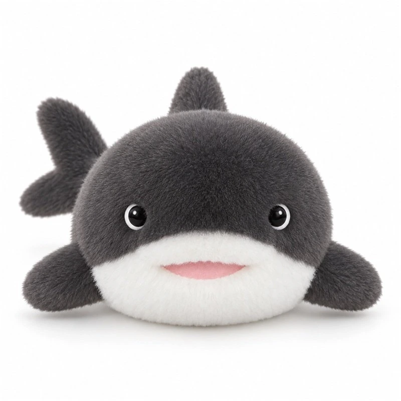 Smiling Stubby Gray Shark Plush; AI concept reference, final sample and specifications to be confirmed.