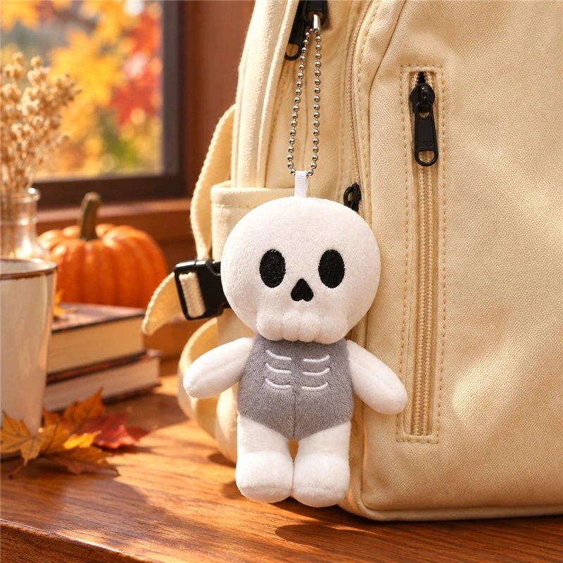 Illustrative application scene featuring gray skeleton plush bag charm; setting is a concept.