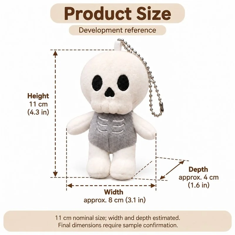 Gray Skeleton Plush Bag Charm — proposed size reference; dimensions require sample confirmation.