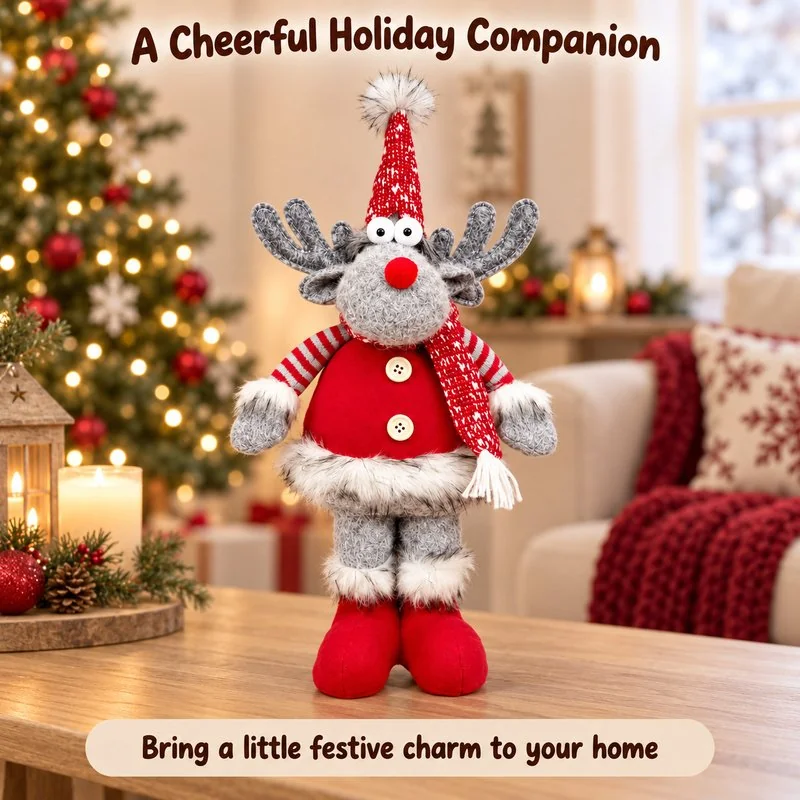 Illustrative application scene featuring gray standing christmas reindeer decoration; setting is a concept.