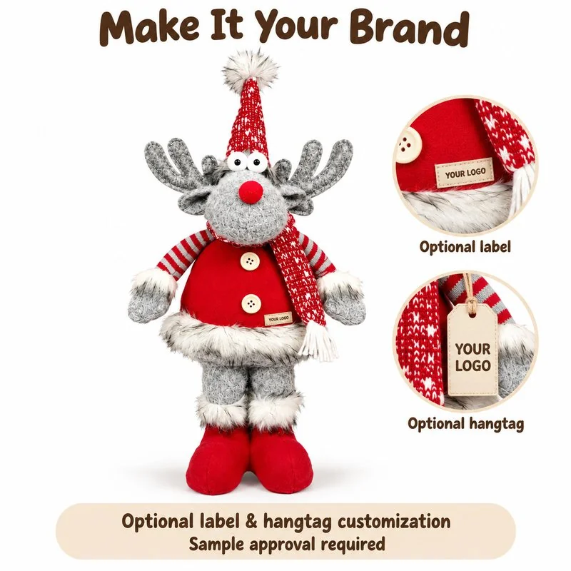 Private-label concept for gray standing christmas reindeer decoration, showing proposed brand label and hangtag options; sample approval required.