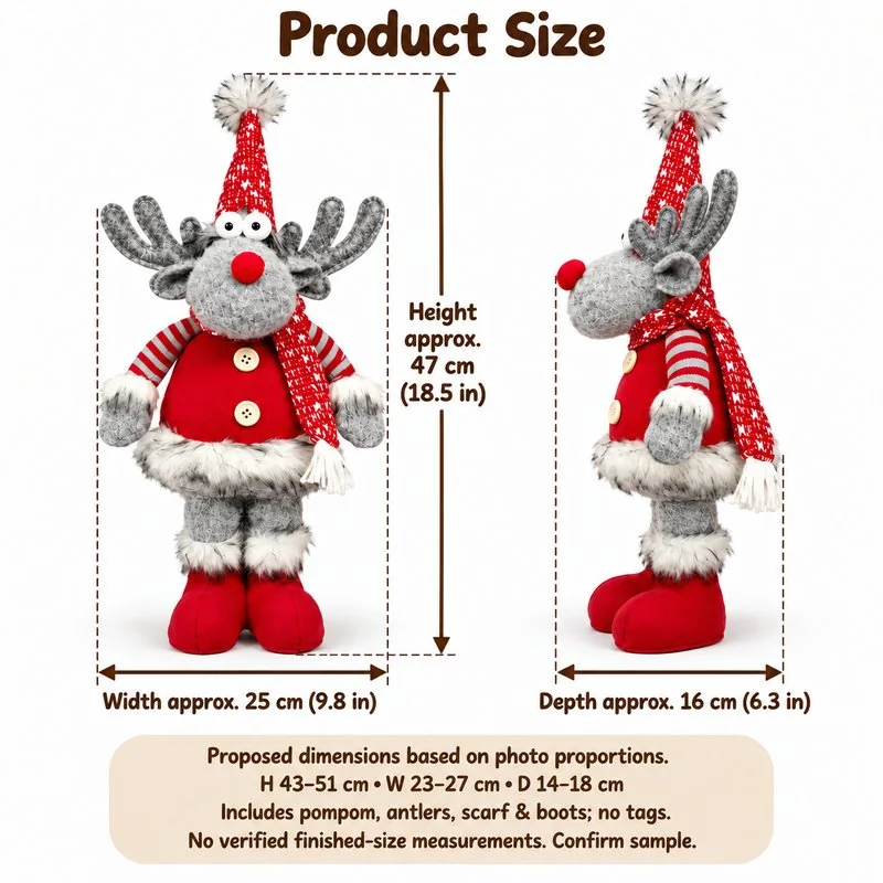 Gray Standing Christmas Reindeer Decoration — proposed size reference; dimensions require sample confirmation.