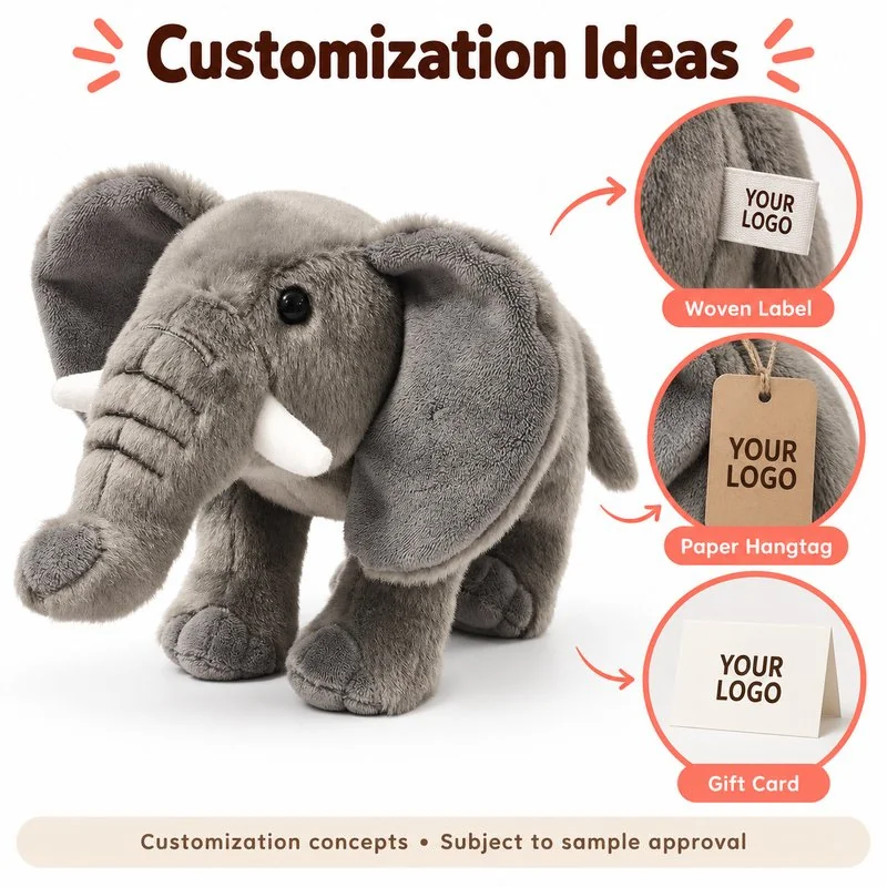 Customization concept for gray tusked elephant plush; feasibility and sample approval required.