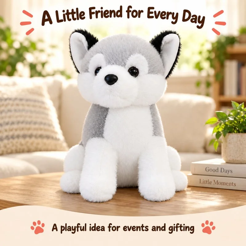 Illustrative application scene featuring compact gray white husky plush; setting is a concept.