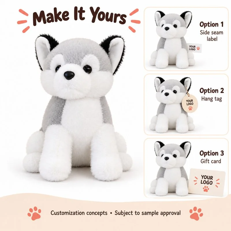 Customization concept for compact gray white husky plush; feasibility and sample approval required.