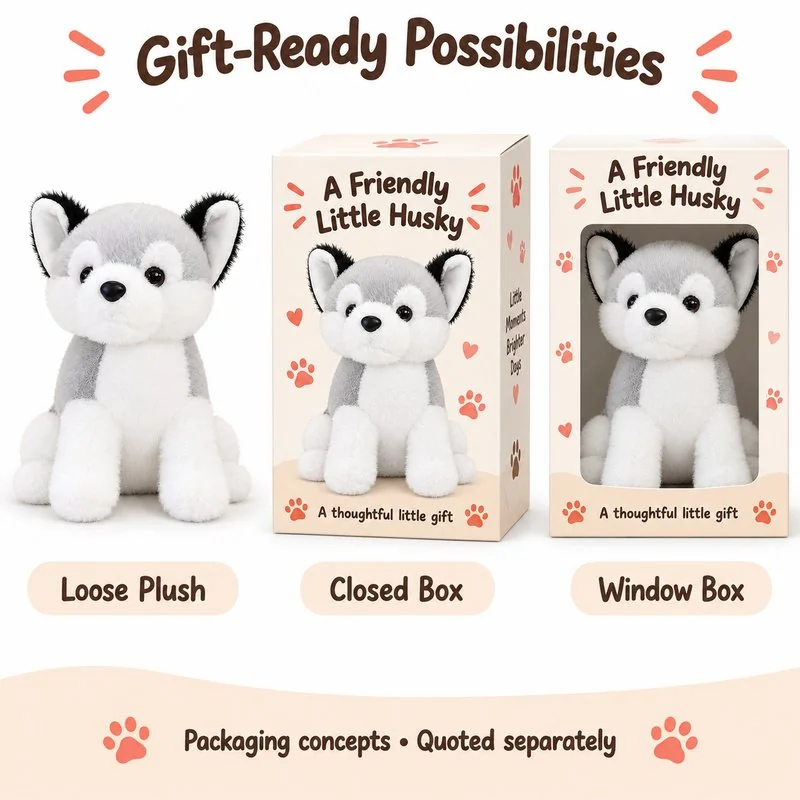 Compact Gray White Husky Plush — optional packaging concept; final artwork, fit and quotation require confirmation.