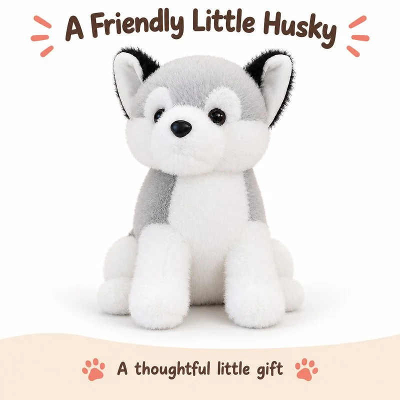 Compact Gray White Husky Plush; AI concept reference, final sample and specifications to be confirmed.