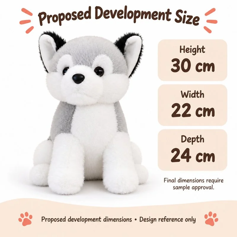 Compact Gray White Husky Plush — proposed size reference; dimensions require sample confirmation.