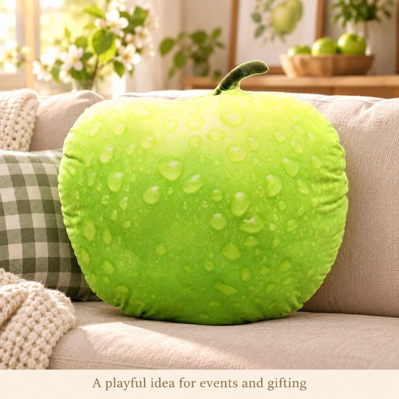 Illustrative application scene featuring green apple plush pillow; setting is a concept.