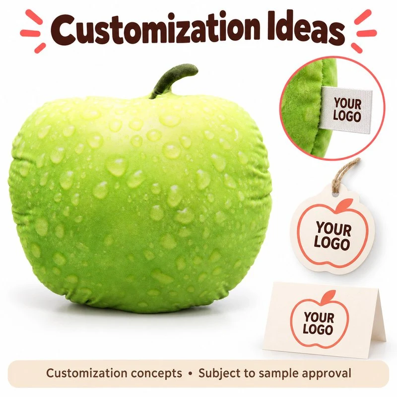 Customization concept for green apple plush pillow; feasibility and sample approval required.