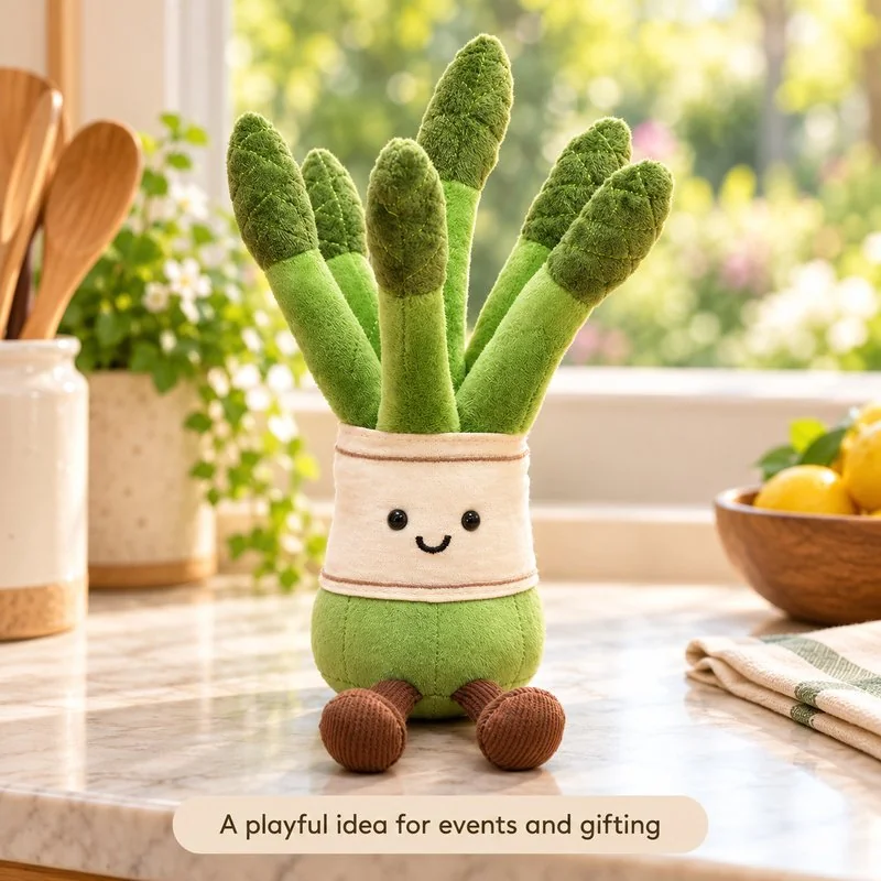 Illustrative application scene featuring green asparagus bundle plush; setting is a concept.