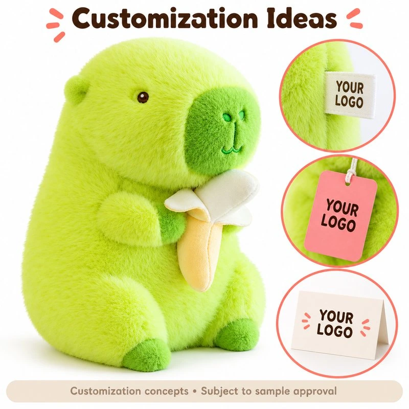 Customization concept for green banana holding capybara plush; feasibility and sample approval required.