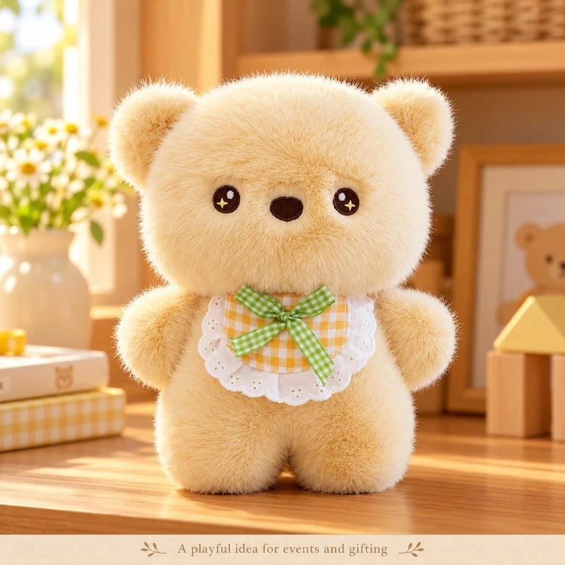 Illustrative application scene featuring green bow lace bib teddy bear plush; setting is a concept.