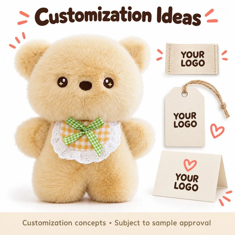 Customization concept for green bow lace bib teddy bear plush; feasibility and sample approval required.