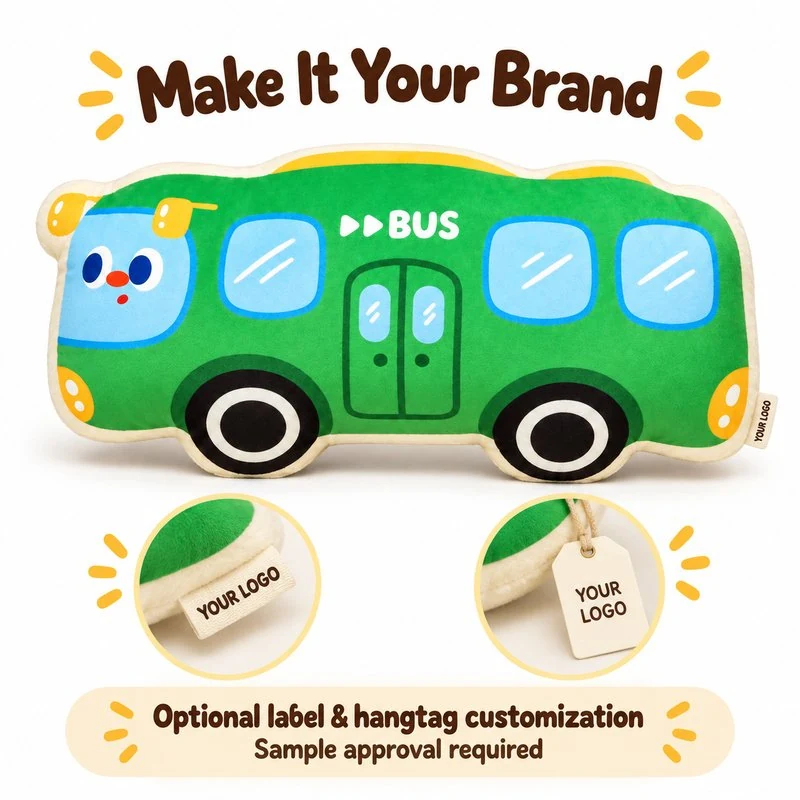 Customization concept for green bus plush cushion; feasibility and sample approval required.