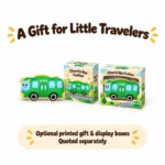 Green Bus Plush Cushion — optional packaging concept; final artwork, fit and quotation require confirmation.