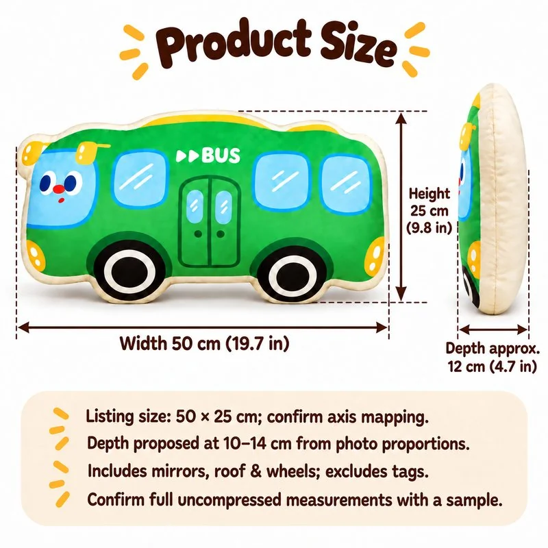 Green Bus Plush Cushion — proposed size reference; dimensions require sample confirmation.