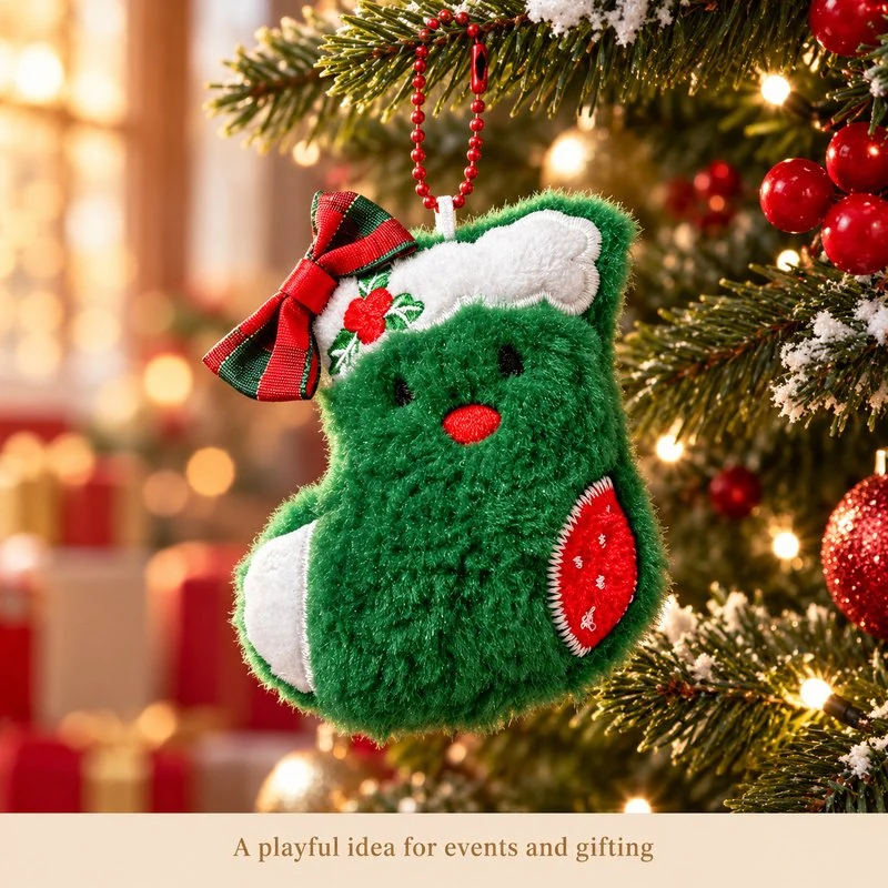 Illustrative application scene featuring green christmas stocking plush charm; setting is a concept.
