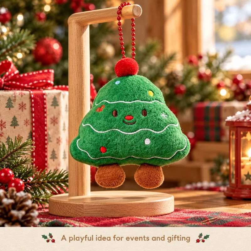 Illustrative application scene featuring green christmas tree plush charm; setting is a concept.
