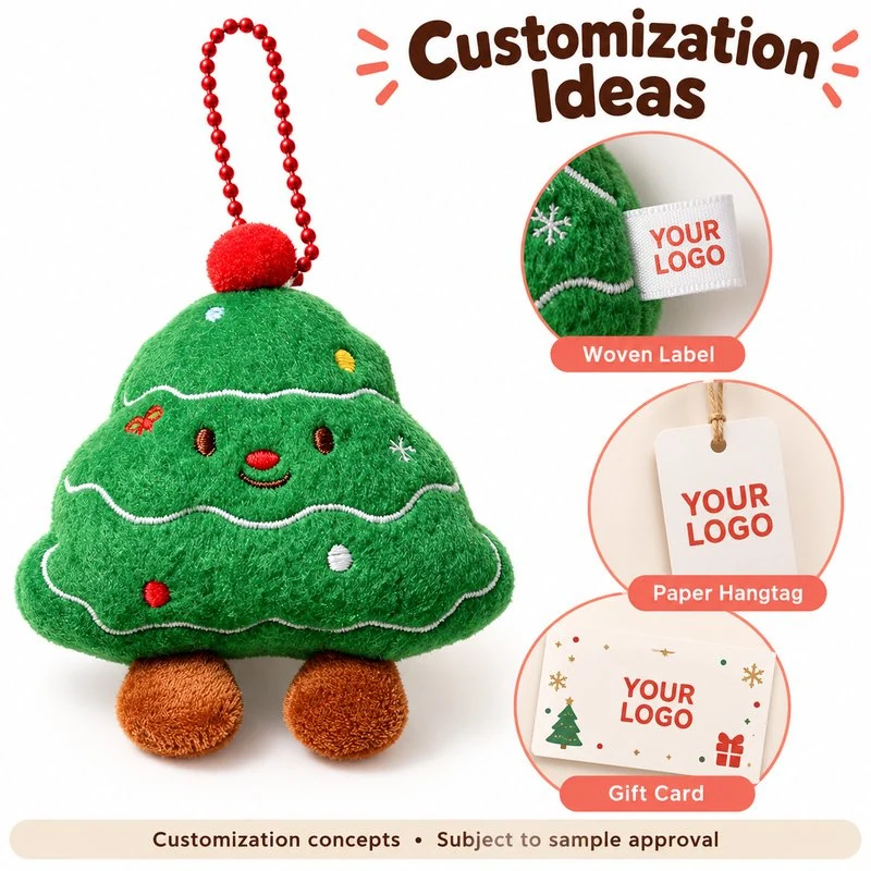 Customization concept for green christmas tree plush charm; feasibility and sample approval required.