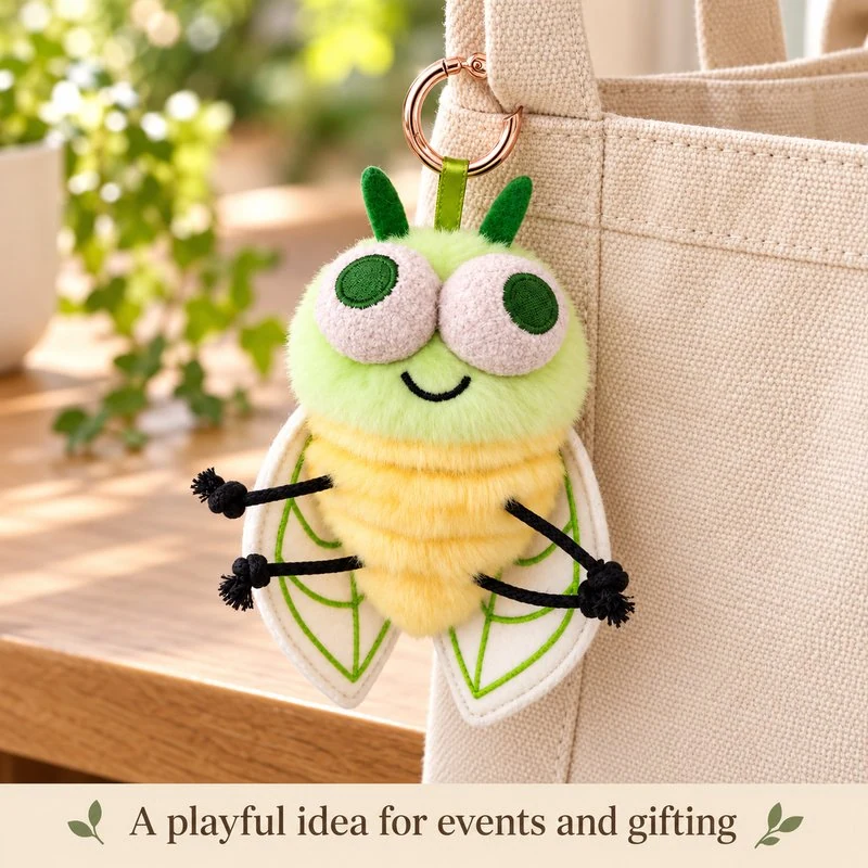 Illustrative application scene featuring green cicada plush keychain; setting is a concept.