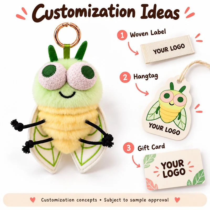 Customization concept for green cicada plush keychain; feasibility and sample approval required.