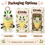 Green Cicada Plush Keychain — optional packaging concept; final artwork, fit and quotation require confirmation.