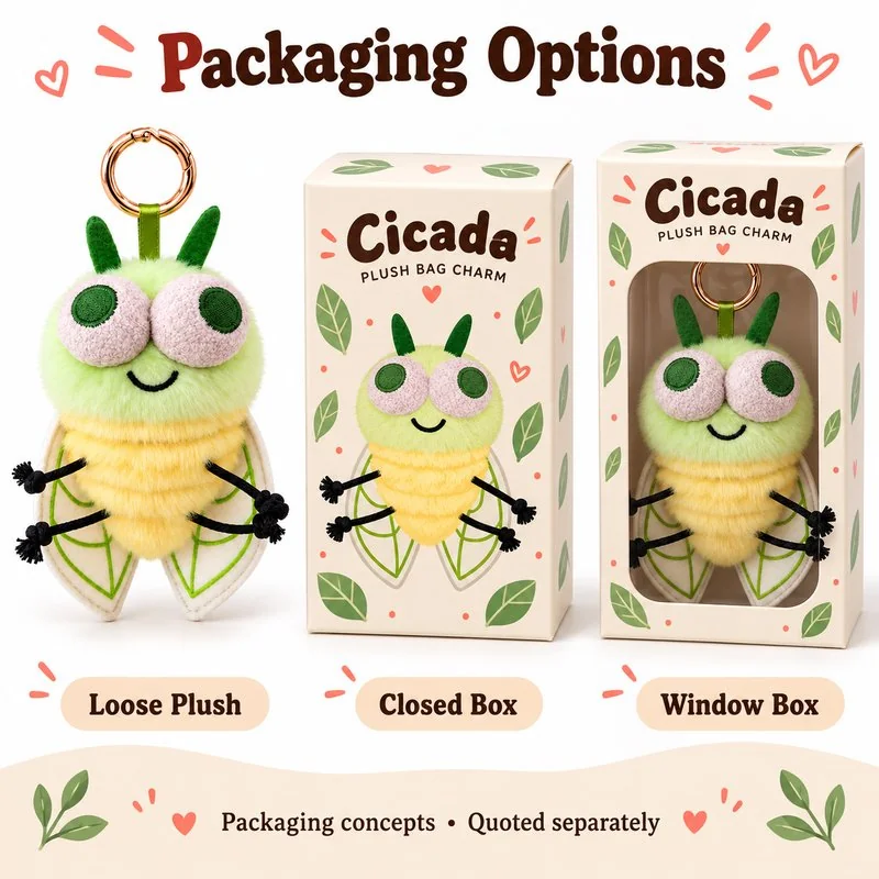 Green Cicada Plush Keychain — optional packaging concept; final artwork, fit and quotation require confirmation.