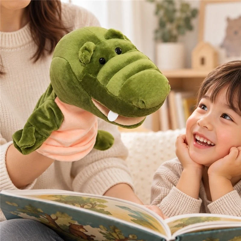Illustrative application scene featuring green crocodile hand puppet; setting is a concept.