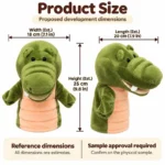 Green Crocodile Hand Puppet — proposed size reference; dimensions require sample confirmation.