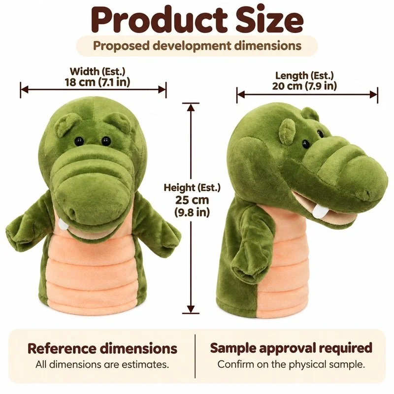 Green Crocodile Hand Puppet — proposed size reference; dimensions require sample confirmation.