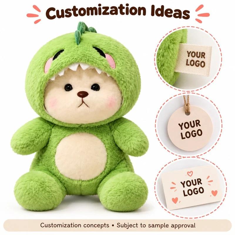Customization concept for green dinosaur costume bear plush; feasibility and sample approval required.