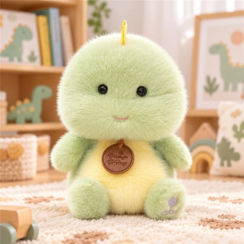 Illustrative application scene featuring seated green dinosaur plush; setting is a concept.