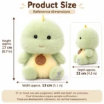Seated Green Dinosaur Plush — proposed size reference; dimensions require sample confirmation.