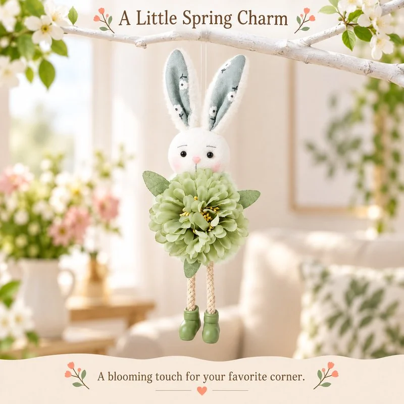 Illustrative application scene featuring green flower long leg bunny ornament; setting is a concept.
