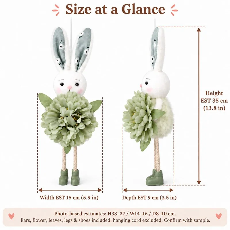 Green Flower Long Leg Bunny Ornament — proposed size reference; dimensions require sample confirmation.