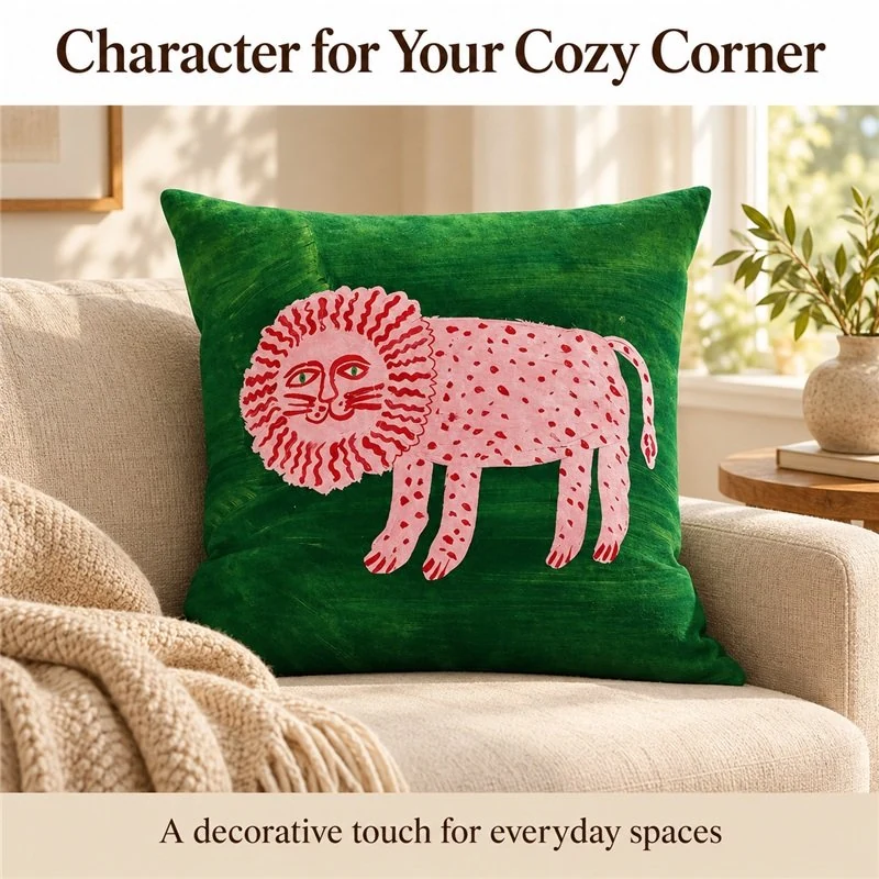 Illustrative application scene featuring green folk art lion pillow; setting is a concept.