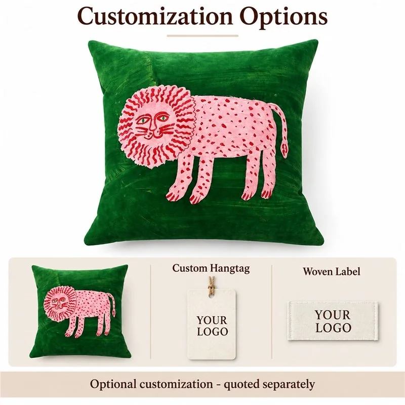 Customization concept for green folk art lion pillow; feasibility and sample approval required.