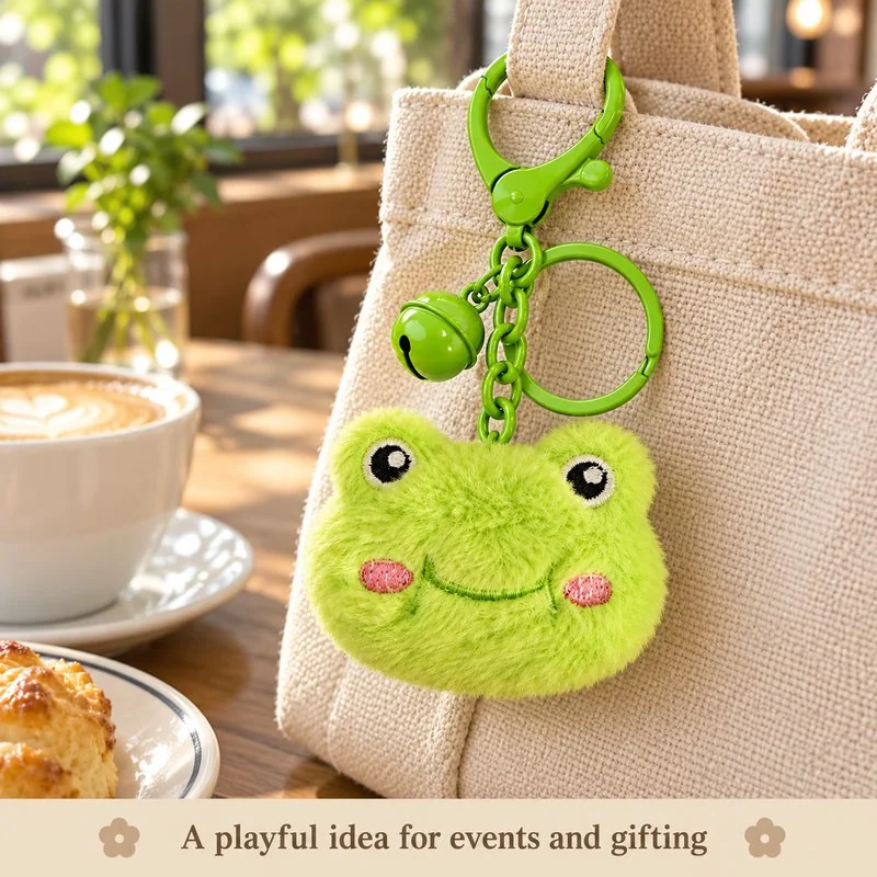 Illustrative application scene featuring green frog face plush keychain; setting is a concept.