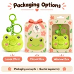 Green Frog Face Plush Keychain — optional packaging concept; final artwork, fit and quotation require confirmation.