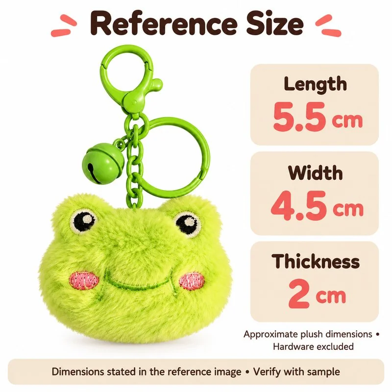 Green Frog Face Plush Keychain — proposed size reference; dimensions require sample confirmation.
