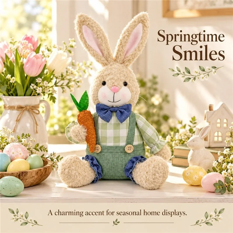 Illustrative application scene featuring green gingham easter bunny plush; setting is a concept.