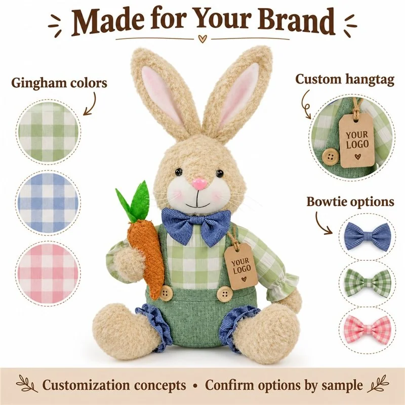 Customization concept for green gingham easter bunny plush; feasibility and sample approval required.