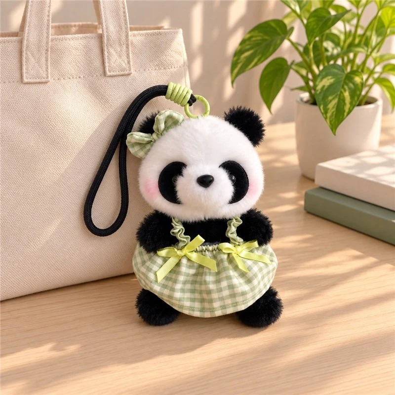 Illustrative application scene featuring green gingham panda plush charm; setting is a concept.