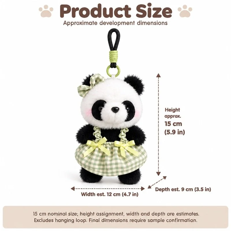 Green Gingham Panda Plush Charm — proposed size reference; dimensions require sample confirmation.