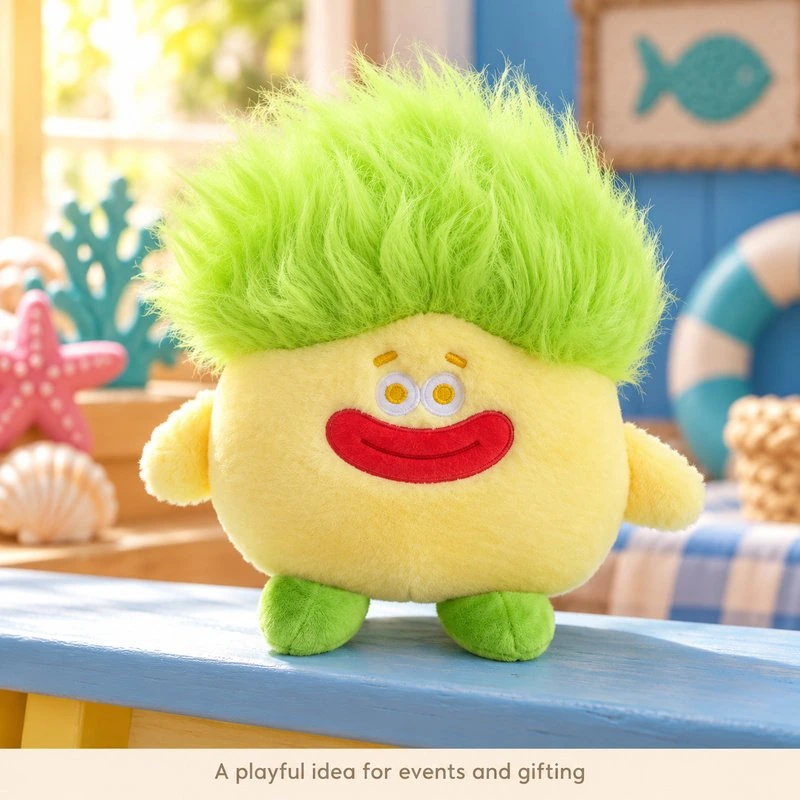 Illustrative application scene featuring green hair seaweed monster plush; setting is a concept.
