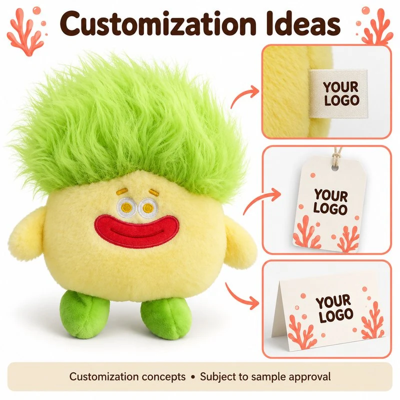 Customization concept for green hair seaweed monster plush; feasibility and sample approval required.