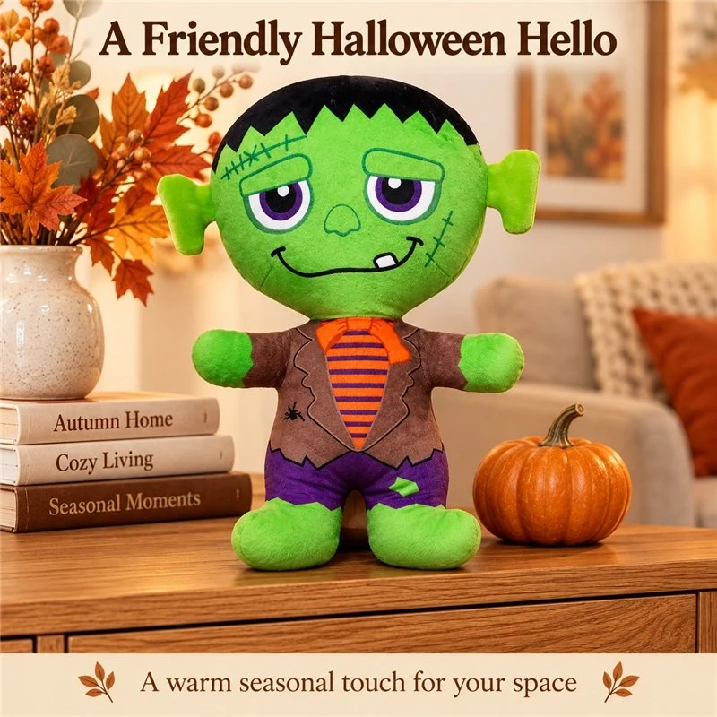Illustrative application scene featuring green halloween monster plush doll; setting is a concept.